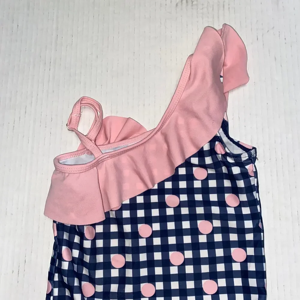 Andy & Evan Blue White Plaid Pink Ruffled One Piece Swim Bathing Suit Size 4T